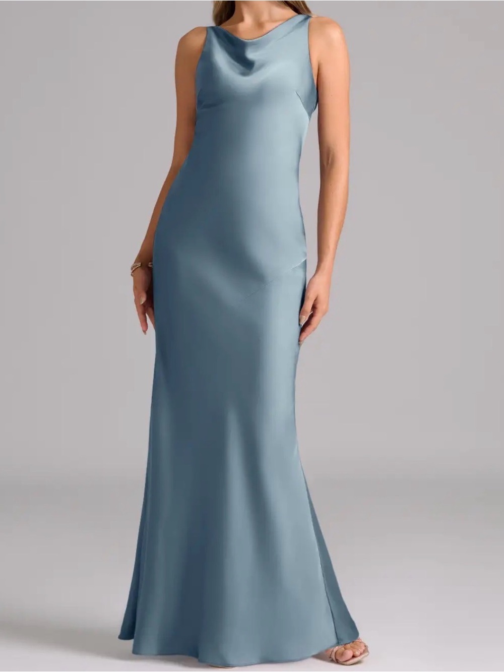 Sincerely Jules Satin Cowl Neck Maxi Dress in Dusty Blue - Picture 1 of 8